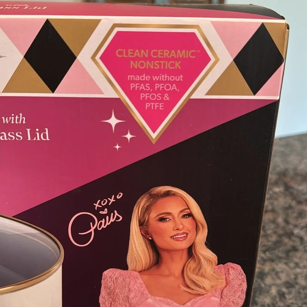 Paris Hilton White and Gold Sauté Pan with Glass Lid NEW